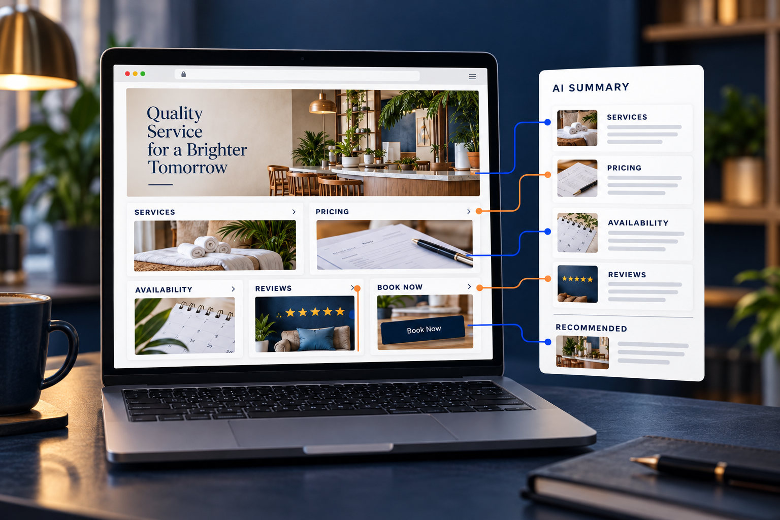 A business landing page with structured services, pricing, availability, reviews and booking information feeding into an AI summary